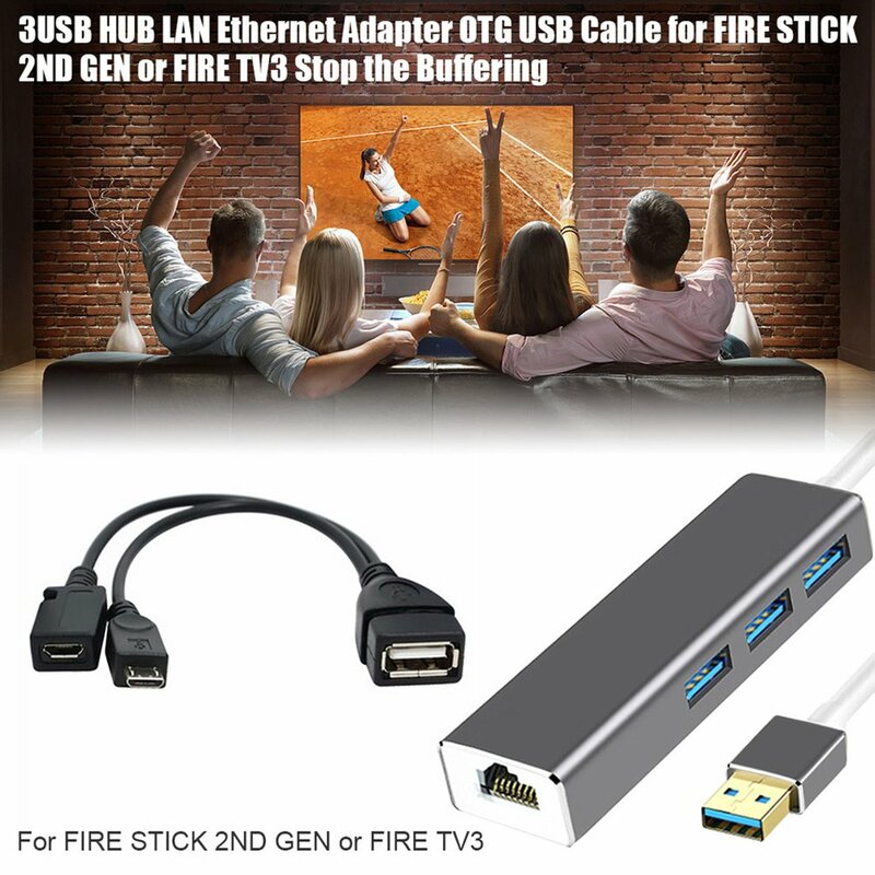3 puertos USB HUB LAN conector Ethernet y adaptador de OTG para Amazon fuego 3 puertos Hub adaptador Cable conector USB para palo de fuego