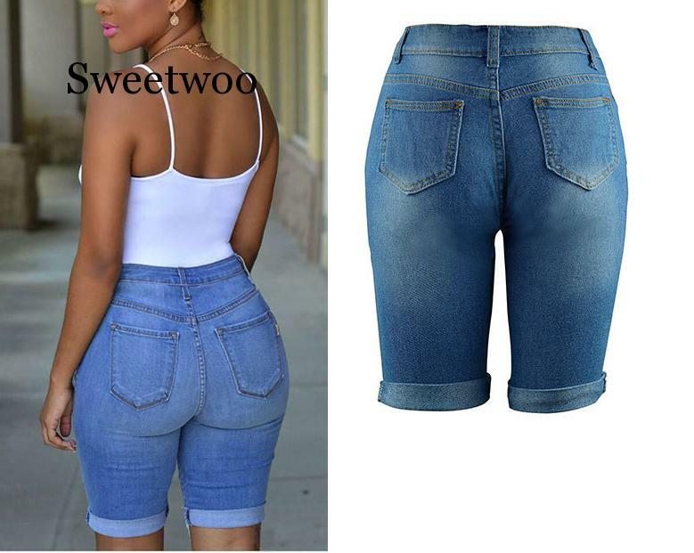 Cintura alta casual denim buraco magro rasgado calças de cintura alta estiramento jeans feminino curto jean para a mulher