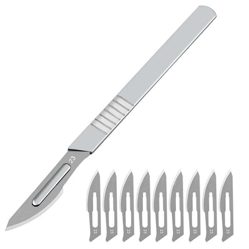 Juego de 11 cuchillas de bisturí de acero al carbono, kit de herramientas antideslizantes para tallado de Metal, número 11 y 23, cuchillo de corte médico, bricolaje, 11 piezas