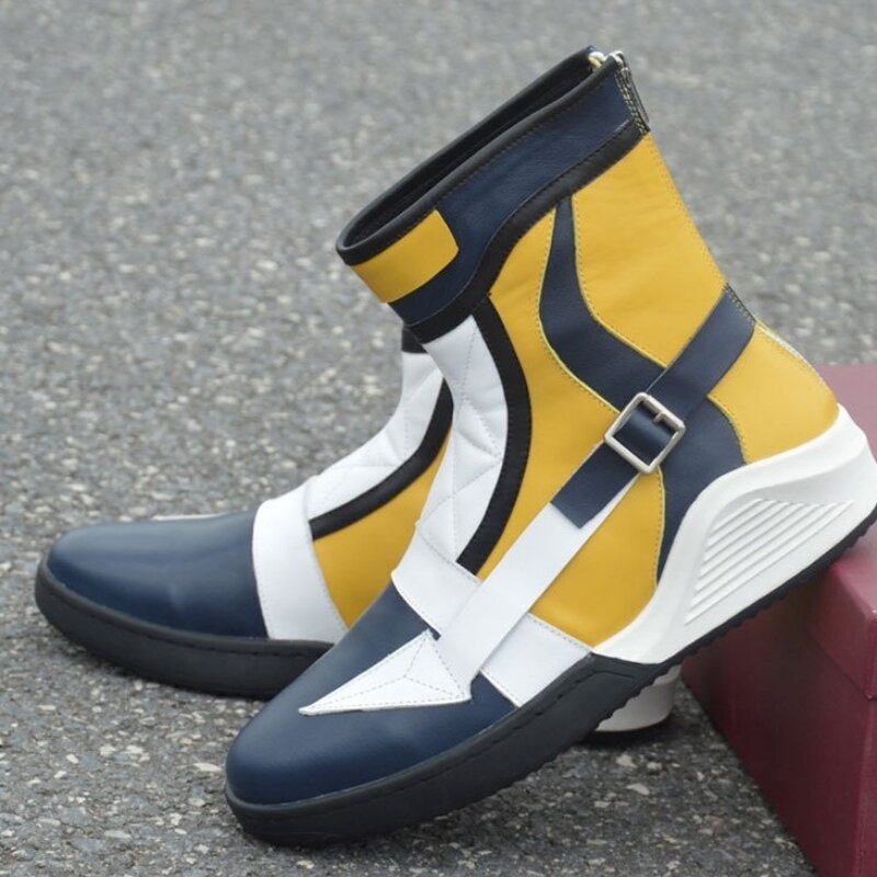 Zip designer de alta-topo de volta sapatos masculinos couro genuíno vaca motocicleta trabalho botas cores misturadas casual tornozelo formadores plataforma botas