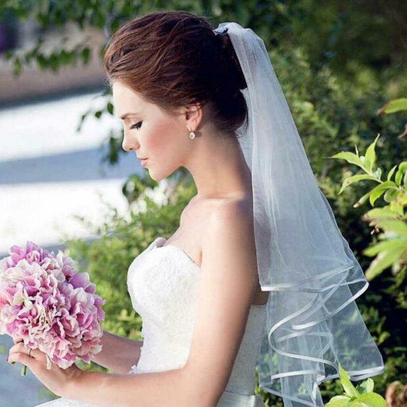Kerudung pernikahan kain Tule Pendek dua lapis dengan sisir murah putih gading pengantin