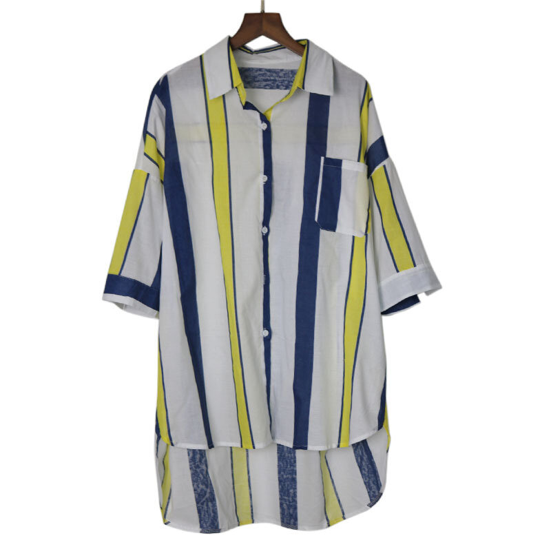 Женская блузка с коротким рукавом в полоску, летний топ, блузка на пуговицах размера плюс, 2020