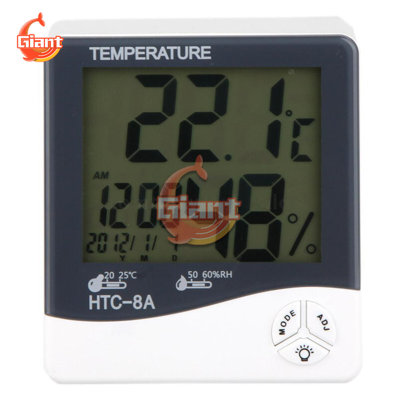 Multifungsi HTC-8A LCD Digital Bercahaya Termometer Higrometer Suhu dan Kelembaban Tester Jam Cuaca untuk Dalam Ruangan