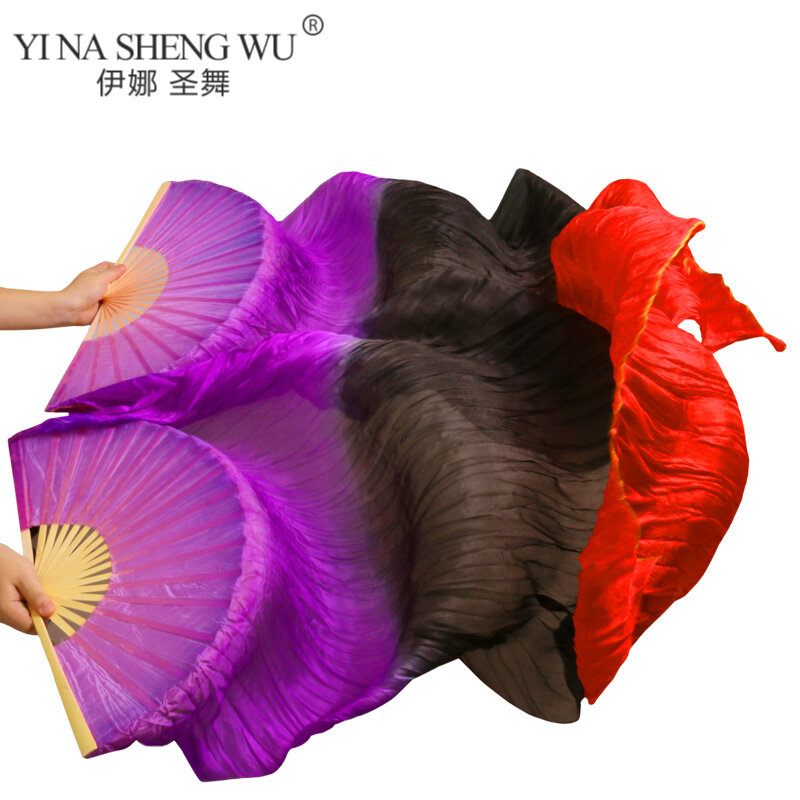 Abanicos de seda 100% Real para danza del vientre, abanicos largos/cortos teñidos a mano para danza china, 1 par