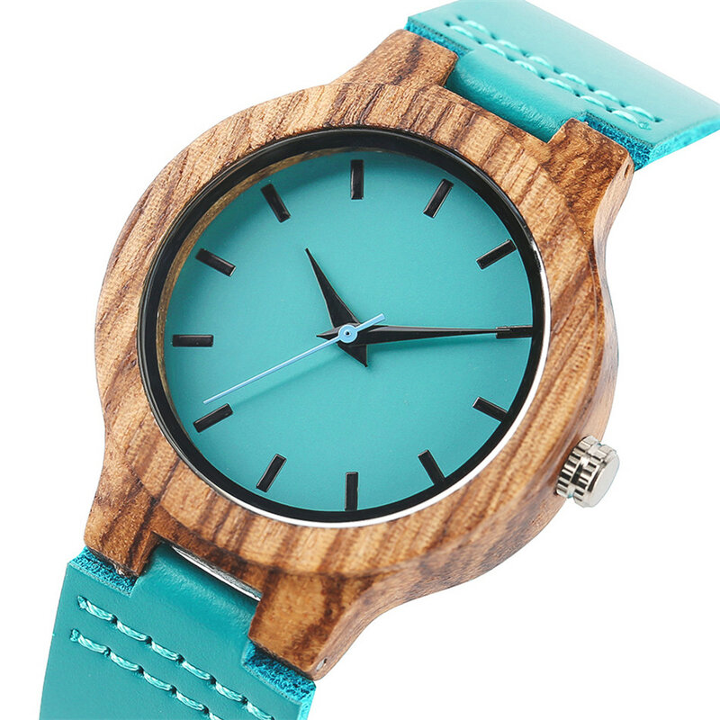 Orologio al quarzo in vera pelle blu unico uomo donna moda minimalista cassa dell'orologio in legno di Zebrawood coppia orologi da polso regalo di anniversario