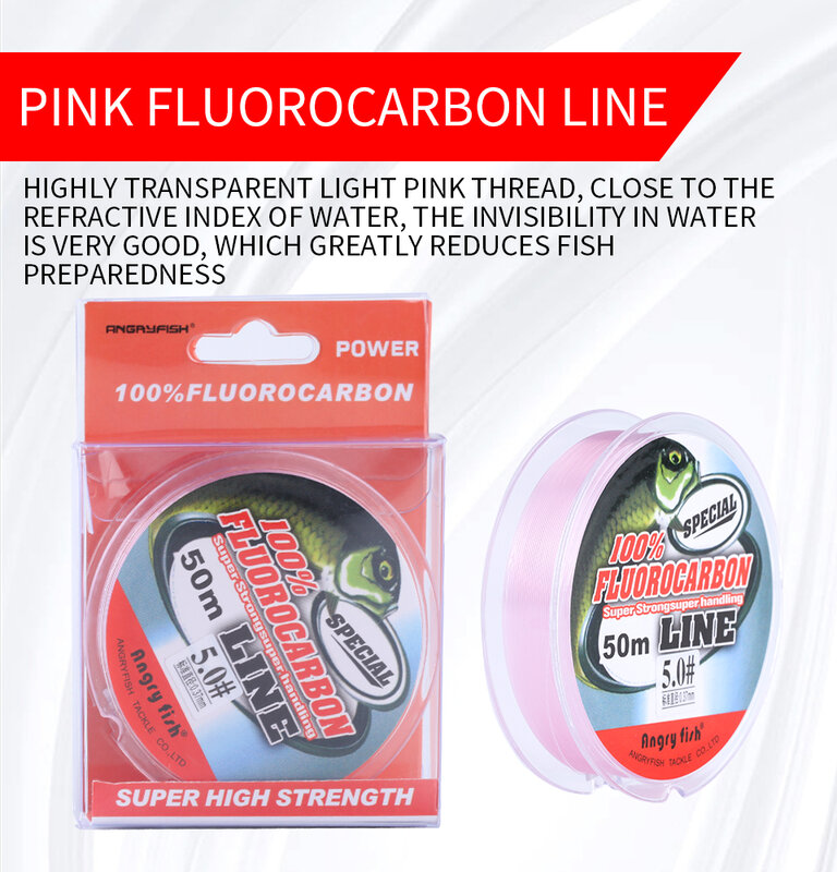 Angryfish Fluorocarbon Fishing Line, transparente, Rosa Super Strong Carbon Fiber Leader Line, 50m