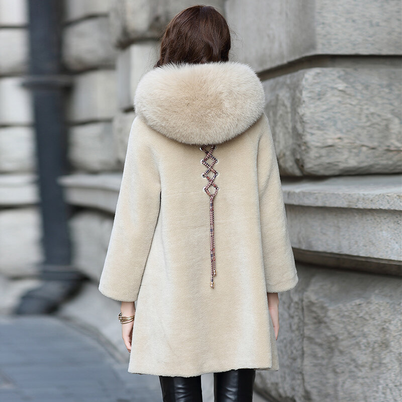 Manteau de mouton à capuche en vraie fourrure naturelle pour femme, veste en 100% laine naturelle, Parka chaude et longue, LWL1374