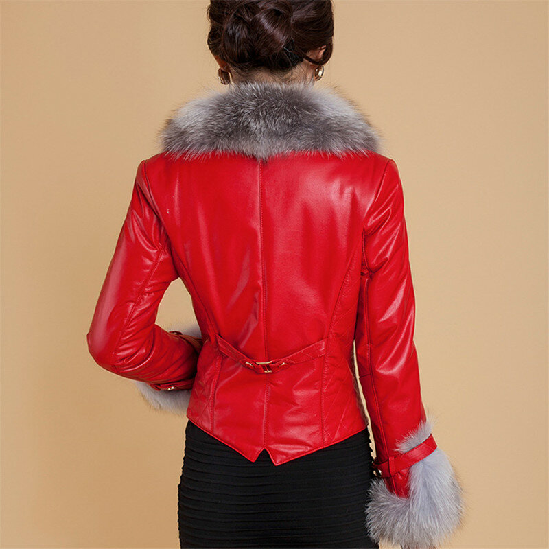 여성용 인조 여우 모피 칼라 짧은 코트, PU 가죽 재킷, 우아한 오토바이 지퍼 아우터, 겨울 신상