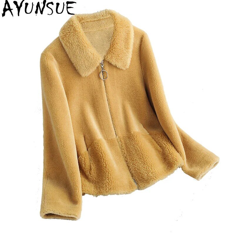 AYUNSUE Short 100% Real Wool Jacket Women Autumn Winter 2021 Casual Sheep Shearling Coat Female Elegant Casaco Feminino Gxy578