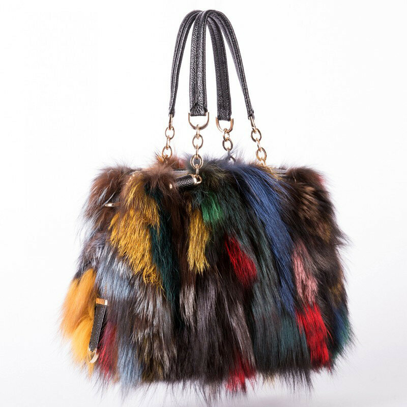Luxury  Real Fox Fur Leather Handbag Women   Multicolor Handbags Brand Party Shoulder Bag Designer Evening Bags