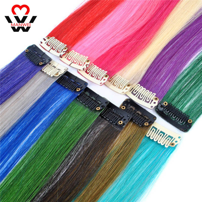 MANWEI-extensiones de cabello sintético, pieza de cabello largo y liso, Clip en Alta Temperatura, Color arcoíris, raya de cabello sintético rosa
