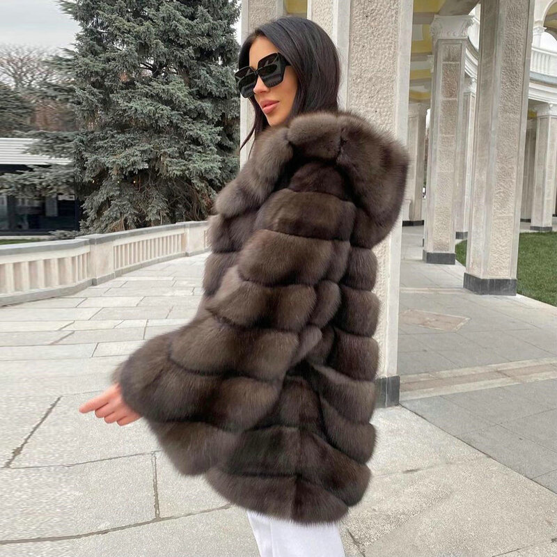 Women Mid-length Natural Fox Fur Jacket with Hood Sable Color Whole Skin Genuine Fox Fur Coats Thick Warm Fur Overcoat Female