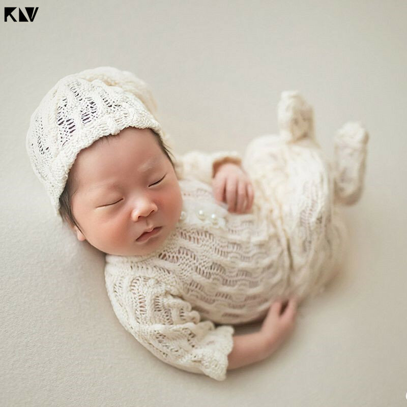 2Pcs ทารกแรกเกิดการถ่ายภาพ Props ชุด Romper + หมวกชุดแขนยาว Jumpsuits บอดี้สูท Handmade ถักเสื้อผ้าทารกฝักบัว