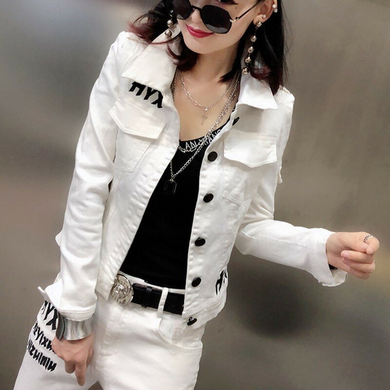 Jaqueta jeans bordada justa feminina, conjunto de 2 peças de manga comprida com lapela simples estilo harém roupas brancas, moda primavera