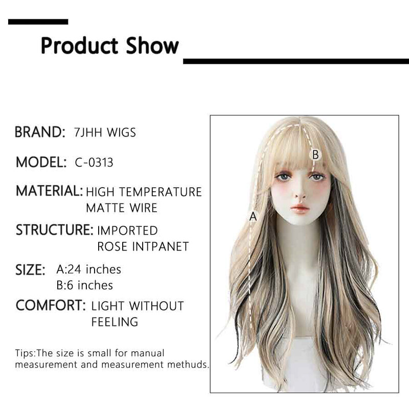 7JHH-Peluca de cabello largo y ondulado para mujer, postizo de mezcla sintética con flequillo esponjoso, para uso diario en las cuatro estaciones