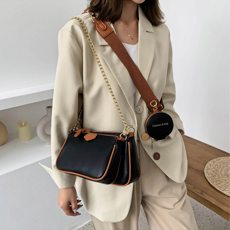 Moda łańcuchy damskie torebki na ramię projektant szeroki pasek messenger torby luksusowe pu skóra crossbody torba pani mała torebka 3 torba zestaw