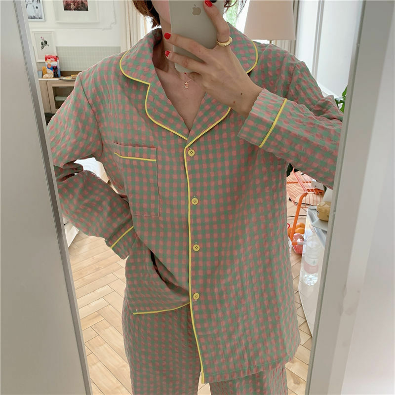 QWEEK Cotton Plaid Pajamas for Women Korean Purple Pyjamas Sets Autumn Pijamas Sleepwear Nightie Loungewear  Pjs Dropshipping