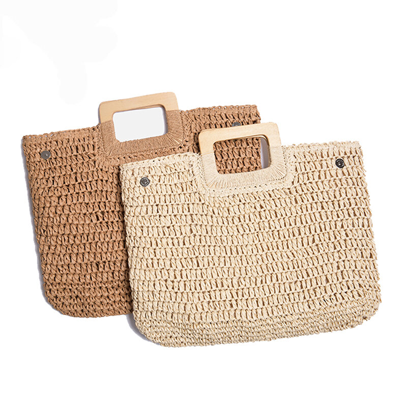 Jin Mantang 2020 Woven Handbag Wooden Handle Large Capacity Paper Rope Woven Straw Bag Fashion Summer Vacation Travel Beach Bag