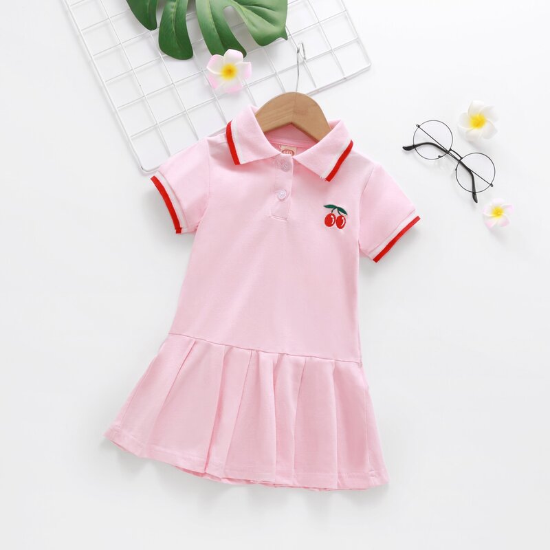 Vestido plisado bordado de manga corta de algodón para niños, moda de verano, Polo, vestido deportivo para niñas de 1 a 6 años, 2024