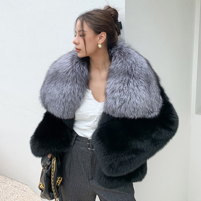 High Quality Real Fox Fur Jacket With Silver Fox Fur Lapel Collar New Trendy Winter Women Natural Fox Fur Coat Full Pelt Outwear