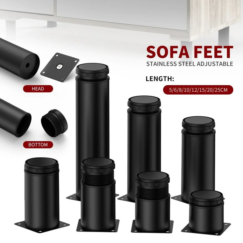 Черные регулируемые металлические ножки для мебели 5-25 см, регулируемые ножки для Сменные ножки из нержавеющей стали для дивана, стул оттоманский шкаф