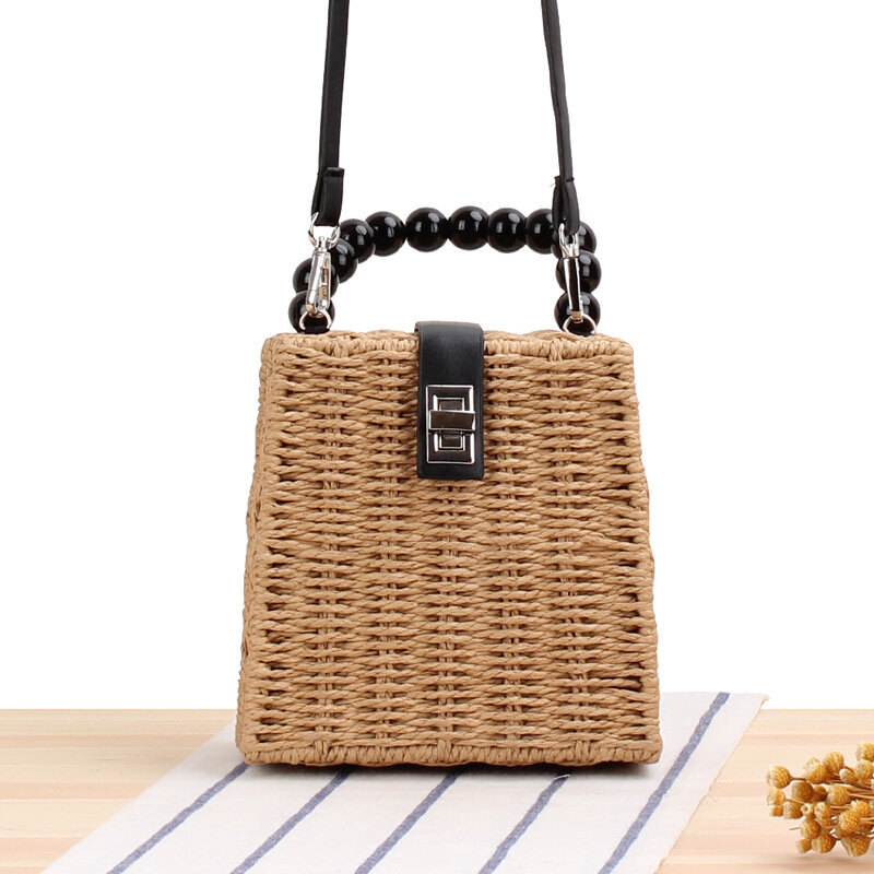 Bolsa de mão em tecido de madeira, 16x16cm, feminina, sacola de verão com fecho de metal, estilo natural, bolsa de palha e ombro, a7144