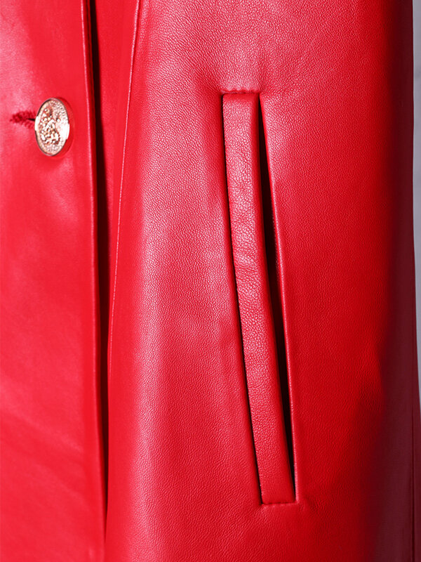 Lauraro Jas Hujan Kulit Imitasi Merah Hitam Panjang Rok Musim Gugur untuk Wanita Double Breasted Fashion Mewah Elegan 4xl 5xl 6xl 7xl