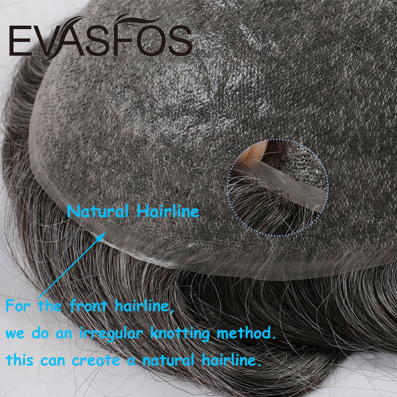 EVASFOS 남성용 Toupee 레미 인모 조각, V 루프 0.08mm 피부 PU 베이스 보형물, 남성용 가발 헤어 교체 시스템