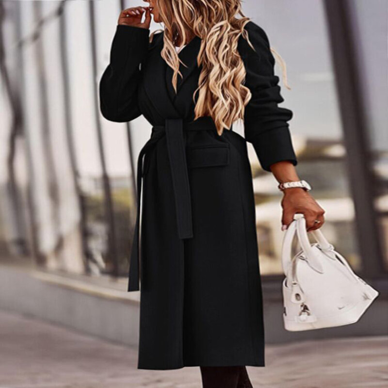 Autumn Winter Fashion Solid Wool Long Coats Vintage Turn-Collar Long Sleeve Pocket Cardigan Casual Office Lady Bandage Overcoats