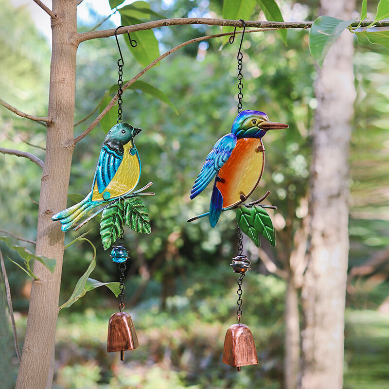 2pcs Metal Hummingbird/Peacock with Glass Pendant Bells Wind Chimes Balcony Indoor Outdoor Garden Decor Hanging Decoration