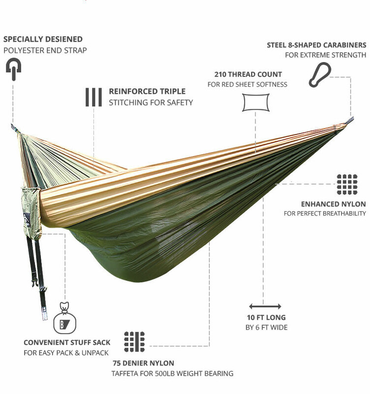 Hamac Parachute d'extérieur, lit-balançoire de Camping, facile à transporter, en acajou, 3x2m, 2.6x1.4
