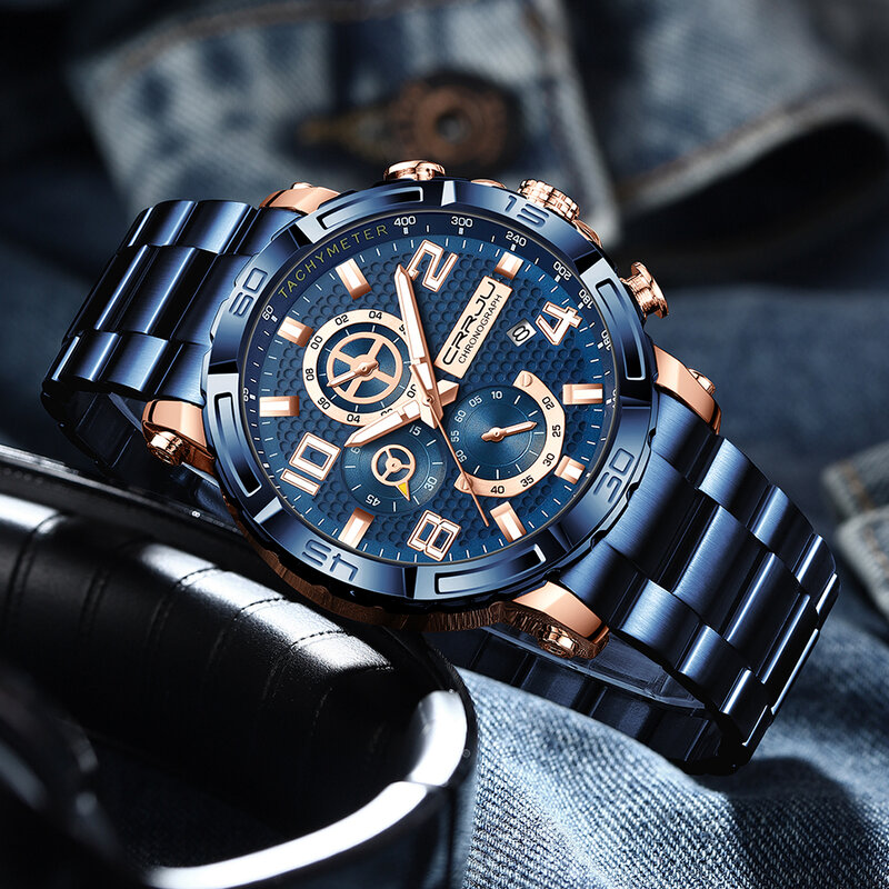 NEW CRRJU Men Watch Quartz Big Watches Full Steel Business Luminous Waterproof Chronograph Wristwatch For Men Relogio Masculino