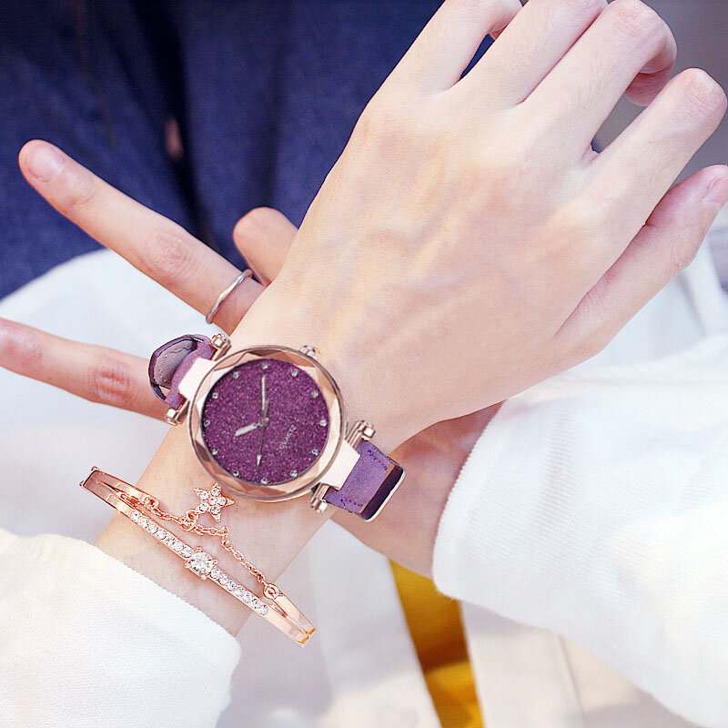 Reloj de pulsera con cielo estrellado para mujer, relojes de diamantes de lujo, pulsera de cuero informal, reloj de cuarzo femenino, zegarek damski