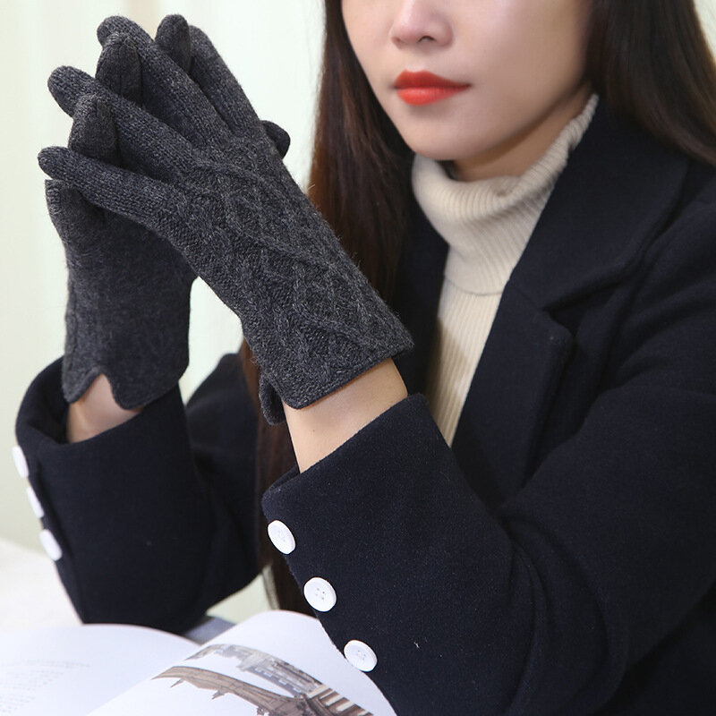 Damskie zimowe ciepłe ekrany dotykowe wełniane rękawice dziewiarskie eleganckie modne damskie oraz aksamitne wewnątrz zagęścić rękawice ogrodowe
