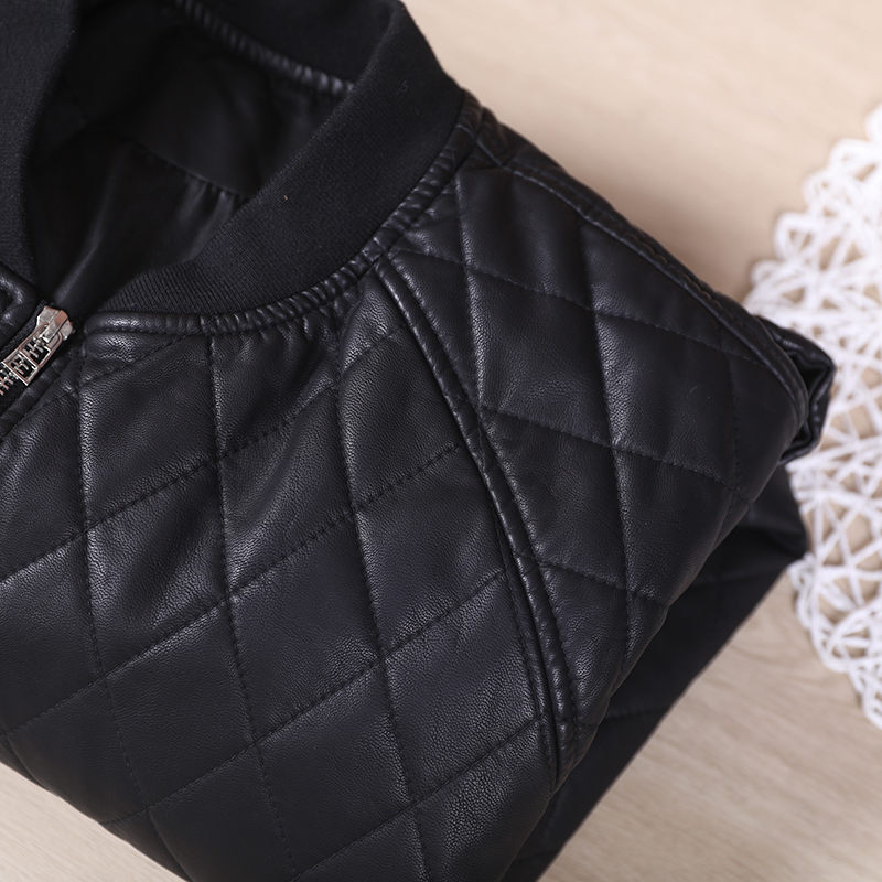Simple Leisure ฤดูหนาวเสื้อผ้าผู้หญิงใหม่หลวมขนาดใหญ่ Hem Slit ซิปหนา Rhombic หนังเสื้อแจ็คเก็ตสั้น Y694