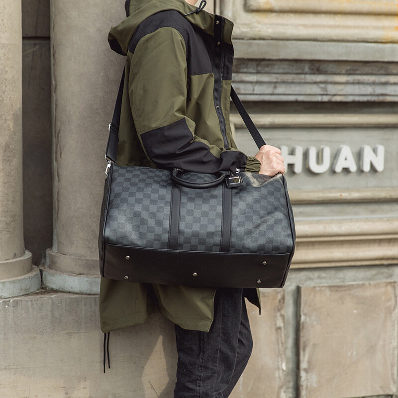 New Plaid Large Leather Travel Bag Men Handbag Crossbody Shoulder Bags Luxury Classic Fashion