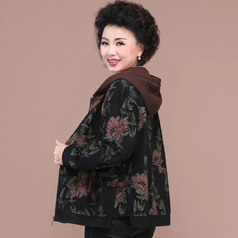 2022 New Print Jacket Mother's Middle-Aged Elderly Mother's Autumn Windbreaker Winter Velvet Warm Coat With Hooded 5XL L6