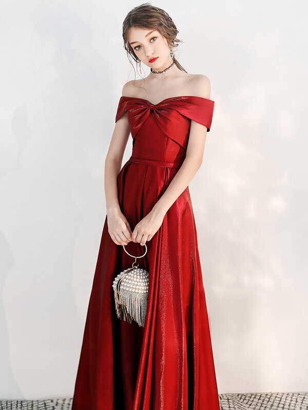 Gaun Semi Formal Wanita Gaun Pesta Seksi Bahu Embun Tanpa Tali Gaun Prom Formal Lurus Pita Wired Pita Merah