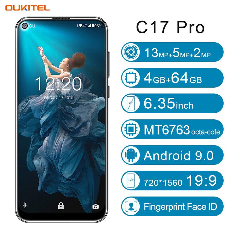 Oukitel c17 pro 6.35 "19.5: 9 android 9.0 telefone móvel mtk6763 octa núcleo 4g ram 64g rom duplo 4g lte câmeras triplas traseiras smartphone