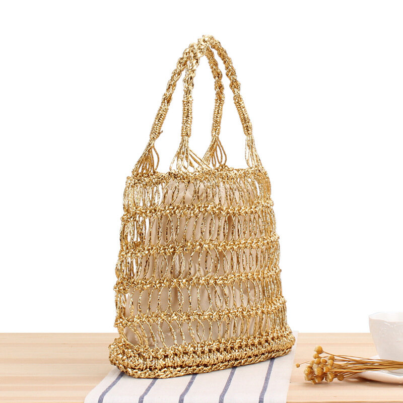 MetallicYarn Hollow Out Hand Crocheting Woven Trendy Beach Portable Straw Weaved Bag