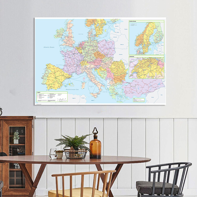 150*100 cm The Europe Transportation Route Map with Details Non-woven Canvas Painting Wall Poster Home Decor School Supplies