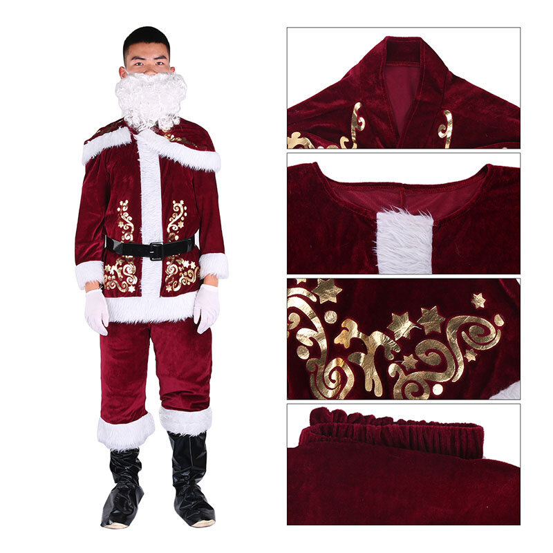 Dla dorosłych bożonarodzeniowe kostiumy Cosplay boże narodzenie święty mikołaj garnitur czerwony Deluxe aksamitna fantazyjne 9 sztuk zestaw boże narodzenie Party człowiek impreza przebierana nosić