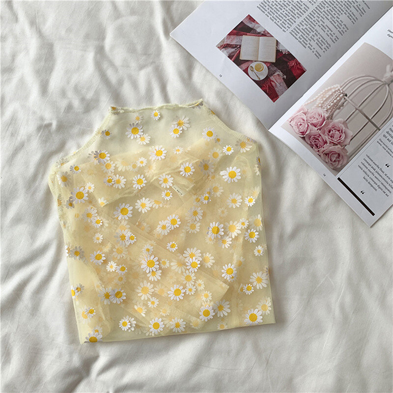 夏秋の女性カジュアルメッシュパターンデイジーの花プリントブラウストップス女の子メッシュシャツシースルー女性のためのシャツ