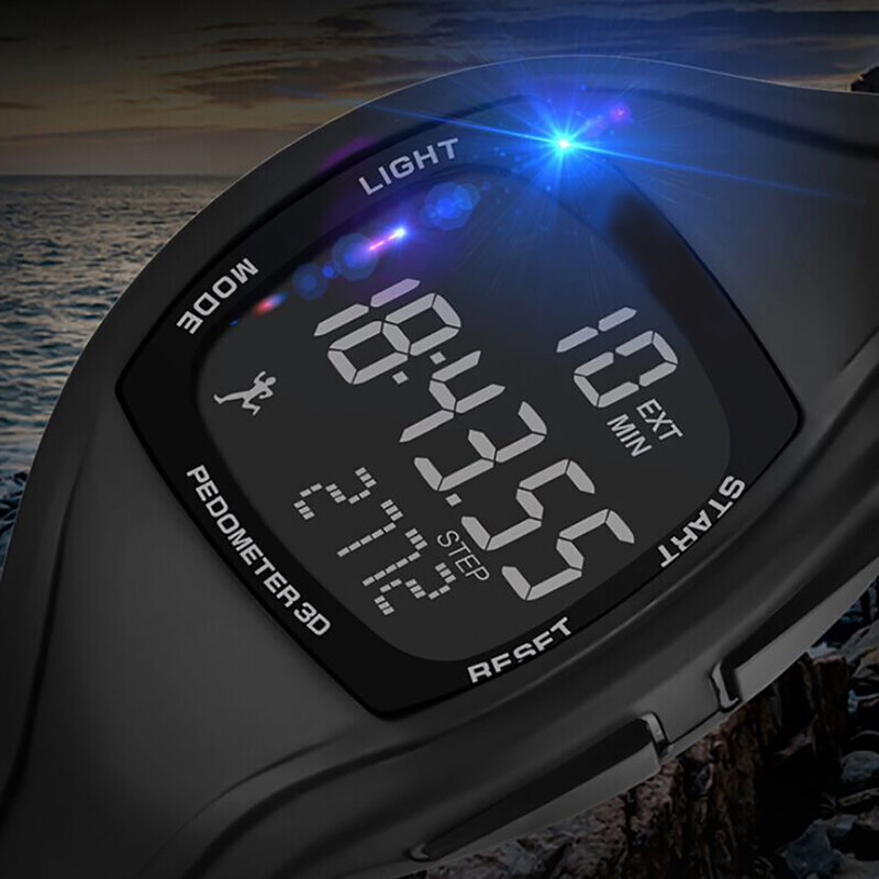 Jam tangan Digital Pedometer Alarm pria, jam tangan pria tahan air dengan fitur Alarm, Chronograph montre multifungsi