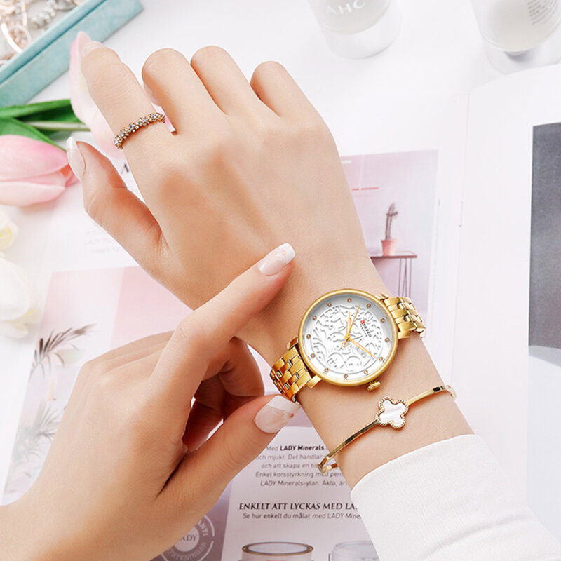 Curren 골드 스테인레스 스틸 여성 시계, 럭셔리 브랜드 여성용 쿼츠 시계, 방수 블링 크리스탈 여성 시계, 여성 시계