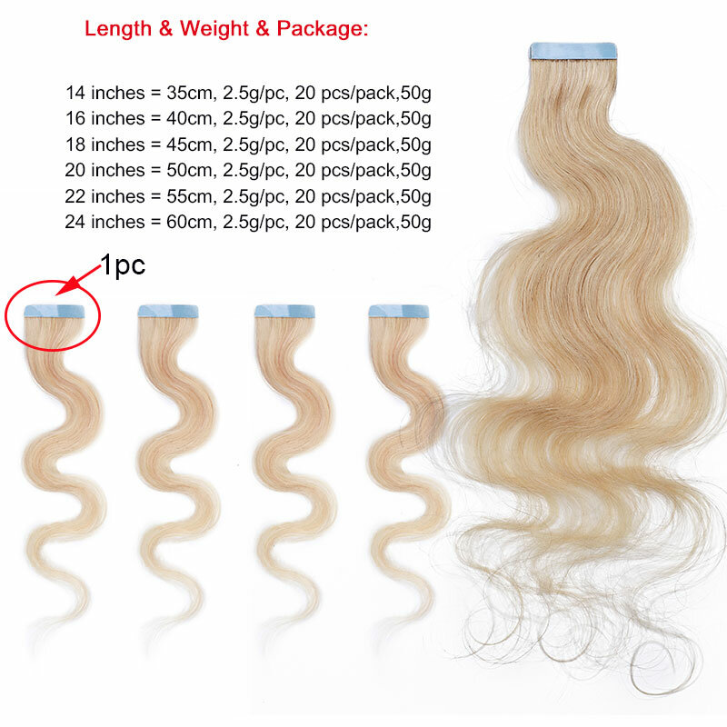 SEGO-Cinta de onda corporal de cabello humano Remy, extensiones adhesivas sin costuras, trama de cabello rubio, 12-24 pulgadas, 2,5g por pieza, 20 Uds./50g