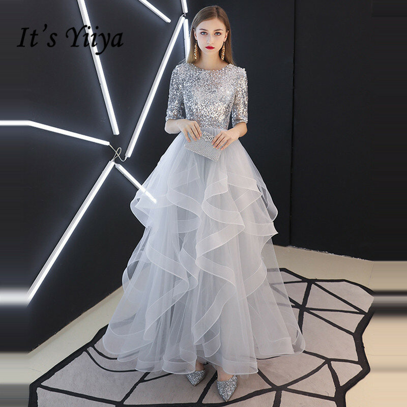 It's YiiYa Evening Dress 2019 Real Sequins Half Sleeve Tiered Hems Floor-length Fromal Gray Party Dresses LX1398 robe de soiree