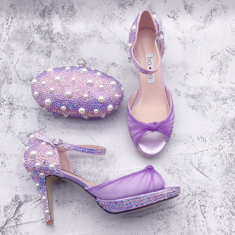Bs1481 feito sob encomenda altura do salto sapatos femininos sapatos de casamento nupcial lilás lavanda pérola pedras sapatos com saco de harmonização conjunto