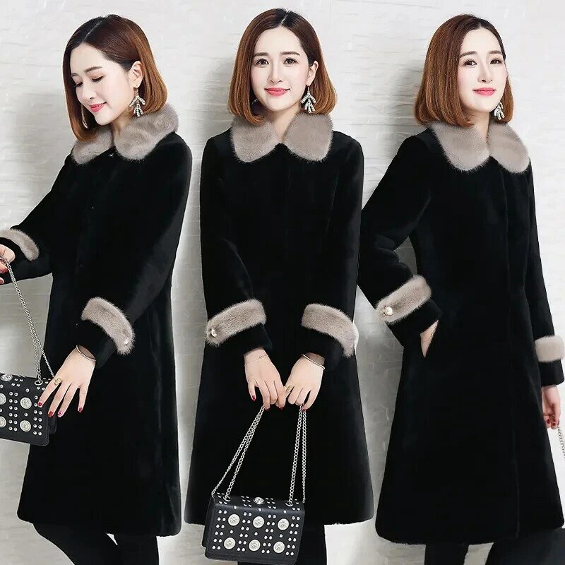 Autumn Winter Women Faux Fur Coat New Faux Mink Cashmere Long  Coat Fashion Elegent Black Sheep Shearing Jacket 5XL