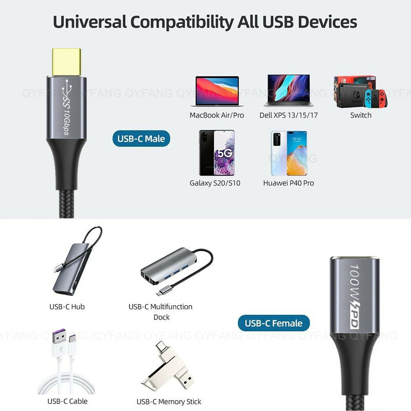 USB Tipo C Cabo de Extensão para Nintendo Switch, macho para fêmea Extender, cabo Thunderbolt3, 10Gbps, PD100W